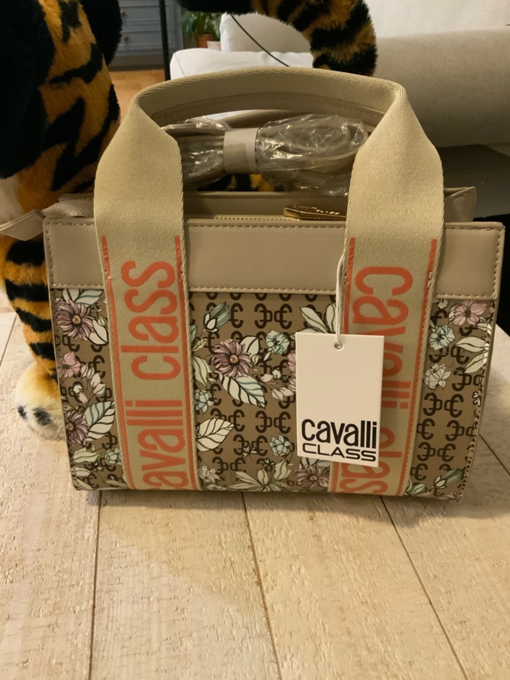 Cavalli Class Beige Floral Monogram Satchel with Coral Logo Straps